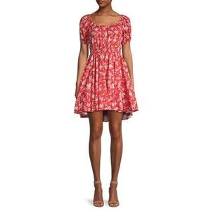 CAROLINE CONSTAS Womens Dress XS Red Pullover Fit Flare Floral Puff BARDOT Girly